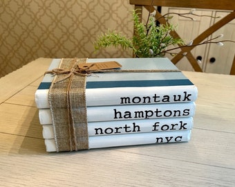 Montauk Hamptons North Fork NYC Bookstack, Long Island Stack of Books, Handmade Bookstack for Decor, NY Booklover, Hard Back Stamped Books