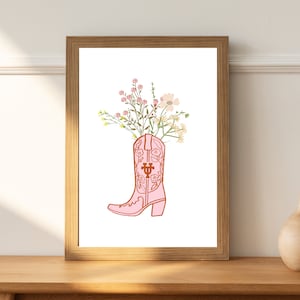 University of Texas at Austin digital print I Cowgirl boot with flowers | UT wall decor I UT dorm decorI Preppy print| UT cowgirl boot print