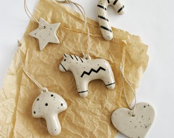 Set of 5 Ceramic Ornaments/ Beige & Black Folk Christmas Hanging Decorations / Rustic Holiday Home Decor/ First Christmas Ornament Gift/