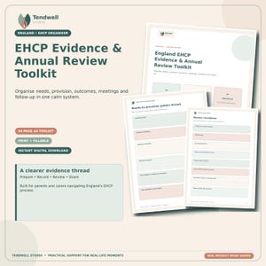 May include: A 94-page A4 digital toolkit titled England EHCP Evidence & Annual Review Toolkit. The document features sections for organizing needs, provision, outcomes, and meetings, with pages labeled Needs-to-provision golden thread and Review countdown.