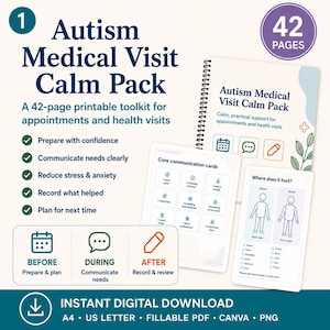 May include: A 42-page Autism Medical Visit Calm Pack printable toolkit featuring a spiral-bound cover, core communication cards, and a body chart labeled Where does it hurt. The document includes sections for before, during, and after medical visits.