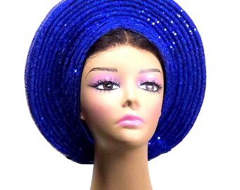 Elegant Royal Blue Sequine Auto Gele Head Wrap| African Fashion | Party Ready Turban