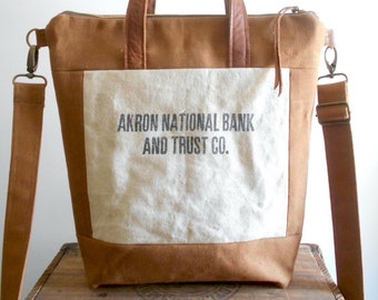 SALE Repurposed Akron bank canvas crossbody bag, vintage Akron National Bank & Trust Co. Ohio - eco vintage fabrics