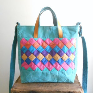 SALE Vintage patchwork & waxed canvas crossbody bag tote - eco vintage fabrics
