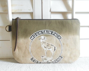Repurposed waxed canvas pouch tool case, vintage 60s Tote'M pack, optional wristlet strap - eco vintage fabricss