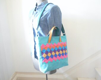 SALE Vintage patchwork & waxed canvas crossbody bag tote - eco vintage fabrics