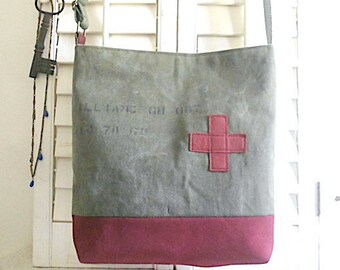 Recycled WW2 military canvas & leather crossbody bag, original US Army markings - eco vintage fabrics