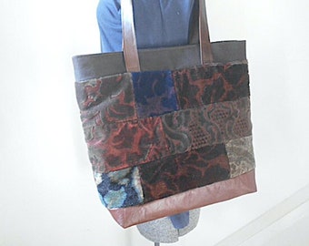 Antique patchwork carpet bag tote, leather & repurposed Victorian mohair cut velvet - eco vintage fabrics