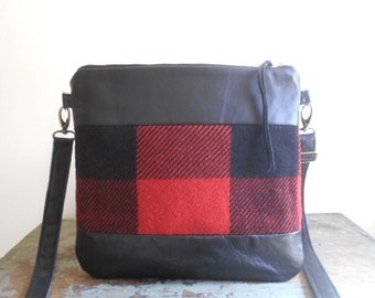 Recycled wool leather crossbody bag buffalo plaid, iPad tablet bag - eco vintage fabrics