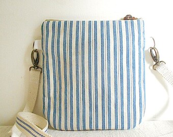 Recycled antique ticking stripe crossbody phone bag small, hand waxed canvas - eco vintage fabric