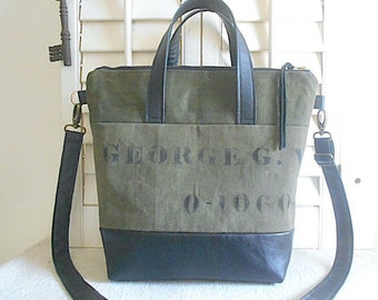 Repurposed military canvas leather crossbody tote bag, original WW2 markings - eco vintage fabrics