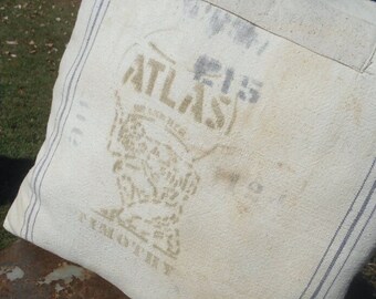 Antique grain sack pillow Atlas Timothy seed patched worn - eco vintage fabrics