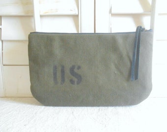 Recycled military waxed canvas leather wristlet clutch, large utility pouch- eco vintage fabrics