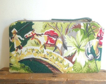 Repurposed 40s barkcloth utility pouch phone case Asian floral - eco vintage fabrics