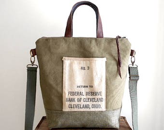 Military waxed canvas, bank sack crossbody tote bag - Federal Reserved Bank of Cleveland Ohio - eco vintage fabrics