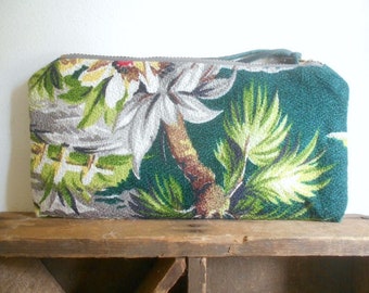 Vintage 40s barkcloth pencil case utility pouch #2 Asian floral - eco vintage fabrics