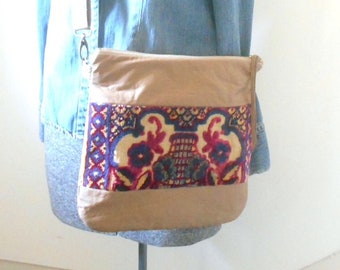 SALE Vintage velvet tapestry leather crossbody, iPad bag, antique Italian cut velvet - eco vintage fabrics