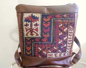 Antique carpet leather backpack Persian rug bag - eco vintage fabrics