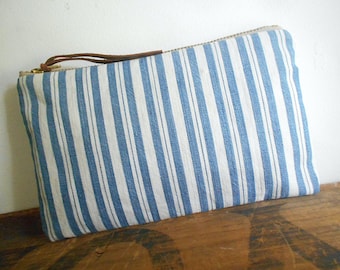 Recycled antique waxed ticking stripe utility pouch phone case, hand waxed canvas - eco vintage fabric