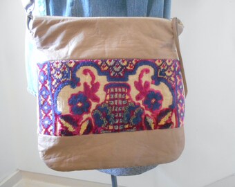 Recycled leather velvet tapesty crossbody, iPad bag, antique Italian cut velvet - eco vintage fabrics