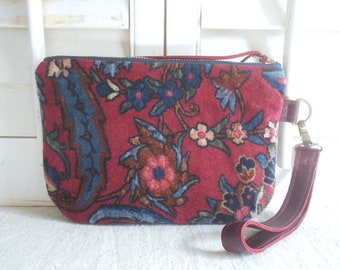 Vintage velvet wristlet large pouch #2, Persian carpet print - eco vintage fabrics