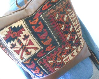 Repurposed  antique carpet leather backpack Persian rug - eco vintage fabrics