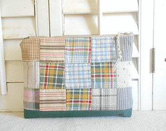 Large patchwork & canvas utility pouch, clutch - eco vintage fabrics