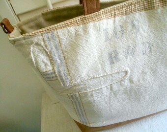 Repurposed grain sack & waxed canvas carryall tote bag - eco vintage fabrics