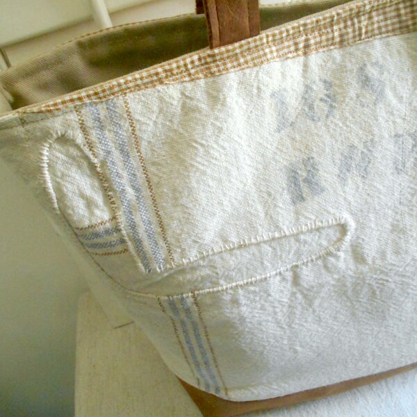Repurposed grain sack & waxed canvas carryall tote bag - eco vintage fabrics