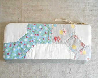 SALE Recycled patchwork quilt pouch pencil phone case, vintage 50s Bowtie cherries print - eco vintage fabric