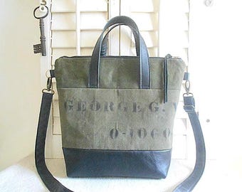 Recycled military canvas & leather crossbody tote bag - original WW2 Army markings - eco vintage fabrics