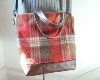 Wool plaid & leather crossbody tote bag, Scottish woolen persimmon red, olive heather - eco vintage fabrics