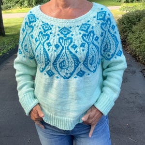 May include: A light blue sweater with a crew neck and long sleeves. The sweater features a detailed turquoise pattern across the chest and shoulders. The cuffs and hem are ribbed. The sweater is made of a soft, knitted material.