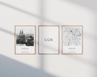 Köln Poster 3er Set, Köln Foto Set, Köln Geschenk, Köln Map Poster, Köln Dekoration, Einzugsgeschenk, Deko Geschenk, Stadtbild
