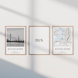 Düsseldorf posterset van 3, Düsseldorf fotoset, Düsseldorf cadeau, Düsseldorf kaartposter, Düsseldorf decoratie, housewarming cadeau