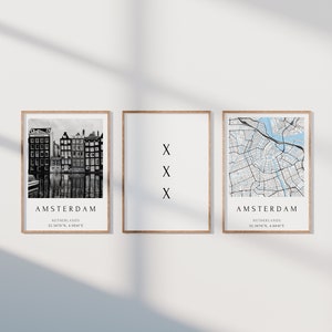 Lot de 3 affiches d'Amsterdam, coffret photo d'Amsterdam, cadeau d'Amsterdam, affiche de la carte d'Amsterdam, décoration d'Amsterdam, cadeau de pendaison de crémaillère