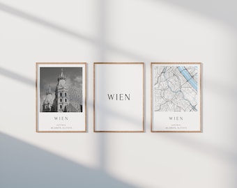 Lot de 3 affiches de Vienne, ensemble de photos de Vienne, cadeau de Vienne, affiche de la carte de Vienne, décoration de Vienne, cadeau de pendaison de crémaillère