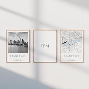 Lot de 3 affiches de Francfort, ensemble de photos de Francfort, cadeau de Francfort, affiche de la carte de Francfort, décoration de Francfort, cadeau de pendaison de crémaillère