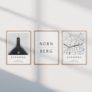 Juego de 3 carteles de Núremberg, juego de fotografías, mapa de la ciudad, regalo, póster de mapa, decoración, regalo de inauguración de la casa, regalo, decoración de pared, arte de mapas, mapa de la ciudad