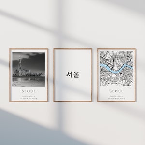 Seoul Poster 3er Set, Seoul Foto Set, Seoul Geschenk, Seoul Map Poster, Seoul Dekoration, Einzugsgeschenk
