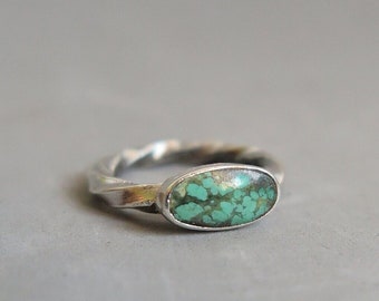 Handmade Turquoise Sterling Silver Ring with Twisted Band, December Birthstone , Unique Bohemian Ring, in your size , Handmade Jewelry