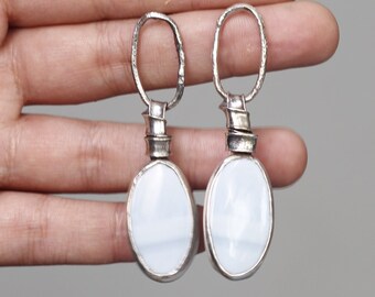 Natural light blue jasper earrings, Handmade sterling silver dangle earrings, Wabi Sabi rustic jewelry, Everyday wear statement earrings