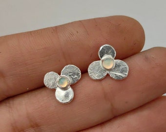 Small White Opal rustic flower studs, small circle earrings, Raw 925 Sterling silver, Gemstone jewelry wabi sabi, Gift idea , Everyday wear