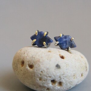 Handmade Sterling Silver Stud Earrings with Rough Claw Prong Setting, Simple and Elegant Natural Sodalite Stones, Unisex Accessories image 1