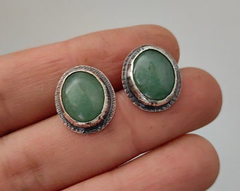 Small green oval jadeite and sterling silver oval stud earrings,  Aesthetic earrings, Special Chic Rustic silver handmade jewelry