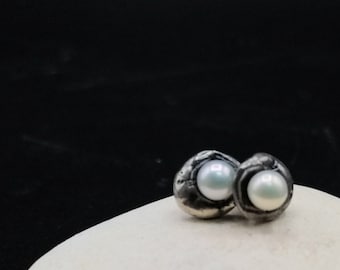 Pearl Stud Earrings Sterling Silver, Freshwater Pearl Pebble Setting, Minimalist Post