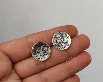 Silver hand stamped earrings tiny flowers, Rustic Dainty Bohemian jewelry, Classy  small Modern earrings Raw Ideal stylish little posts