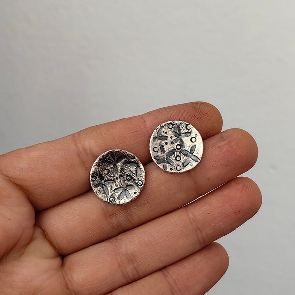 Silver hand stamped earrings tiny flowers, Rustic Dainty Bohemian jewelry, Classy  small Modern earrings Raw Ideal stylish little posts