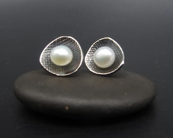 Tiny Pearl Stud Earrings Sterling Silver, Freshwater Pearl Post, Minimalist Bridal