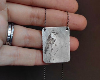Unique etched bird on branch, subtle sterling silver, rustic bird necklace, aesthetic poetry inspired jewelry, Handmade